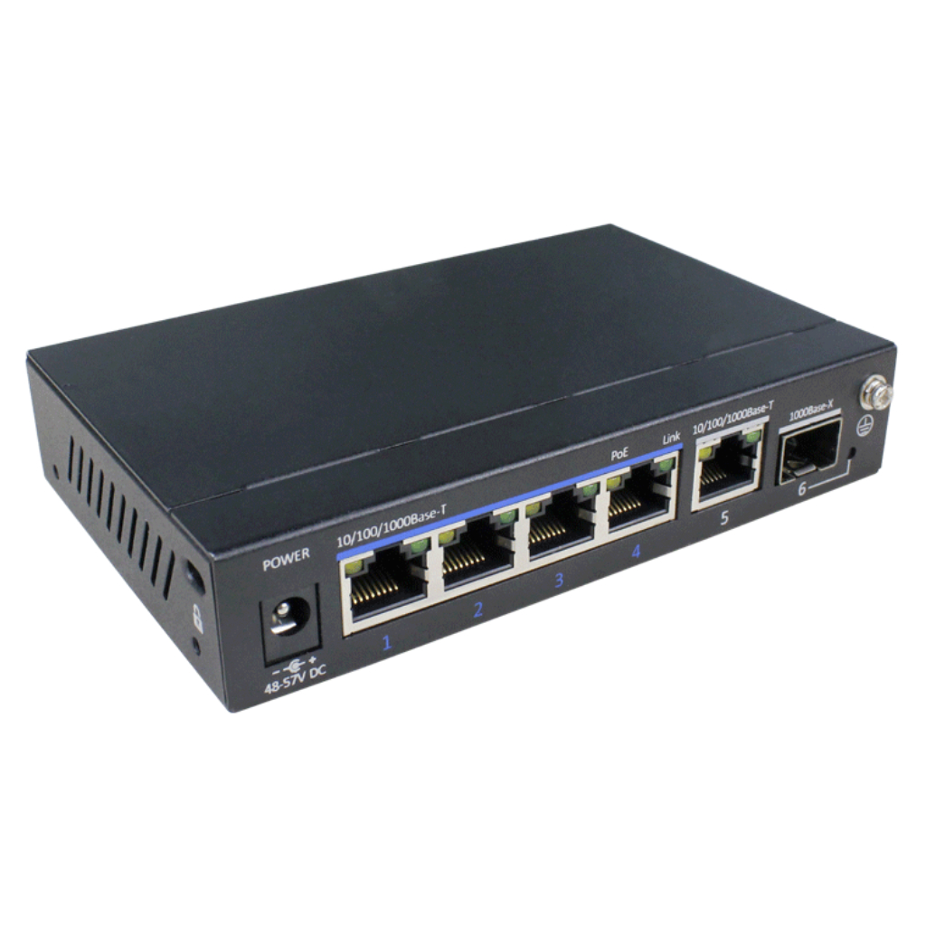 Switch PoE+ 4 puertos Gigabit + 1RJ45 Uplink Gigabit + 1SFP Uplink Gigabit 60W 802.3af/at 