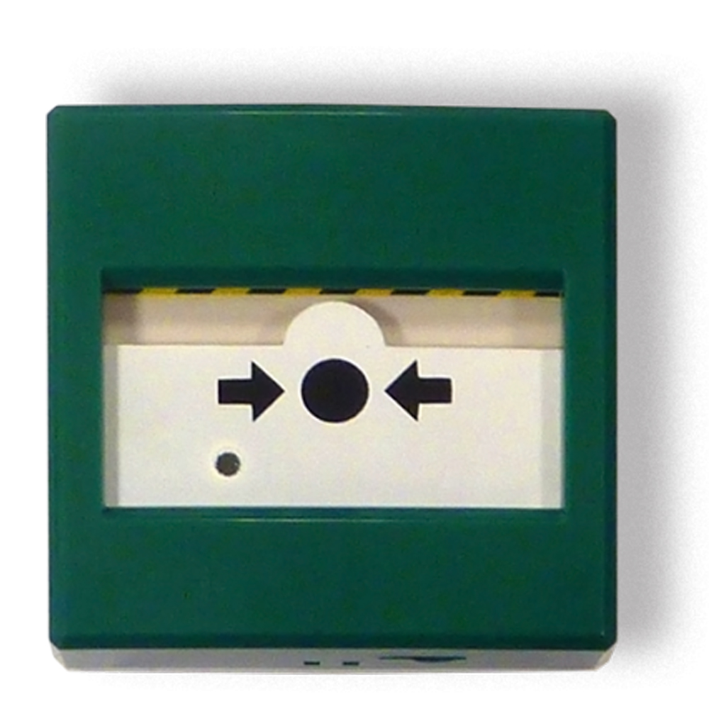 Pulsador de Alarma manual para paro de extinción automática. Color Verde