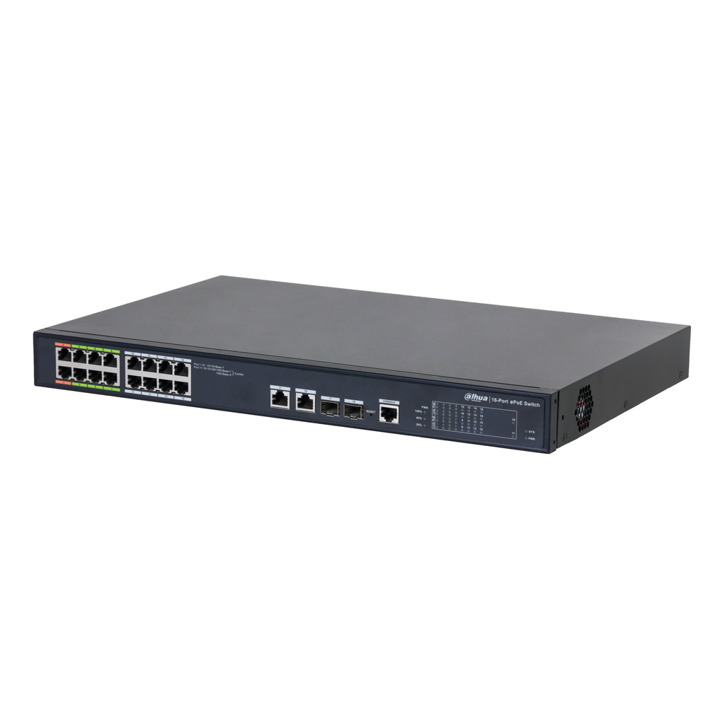 Switch ePoE 16 puertos 10/100 + 2 Uplink Combo Gigabit/SFP 802.3at 240W Manejable Layer 2 - Modo ePoE 800m