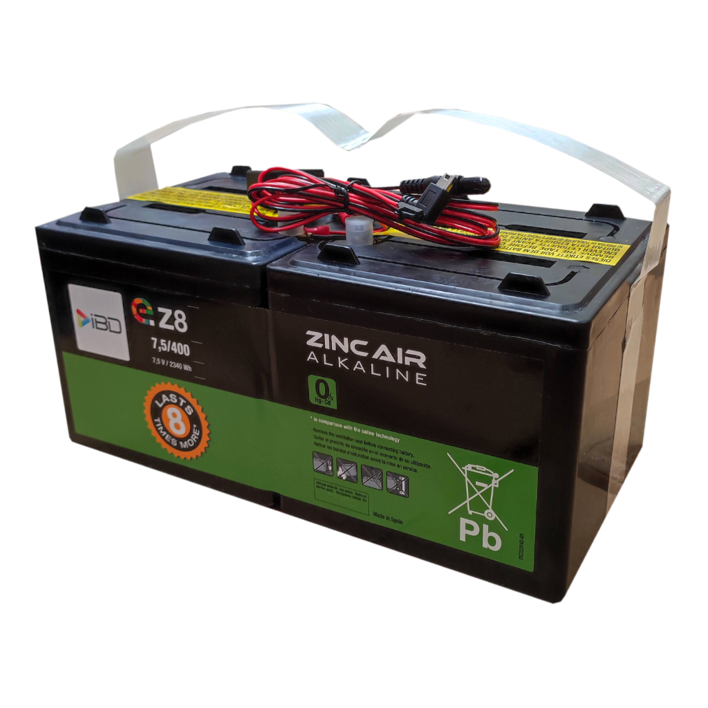 [BAT-7.5V400Ah-DC-eZ8] Batería de Zinc-Aire 7.5V-400Ah. Triple conector DC: Jack, mini USB y mólex. Hasta 6/8 Meses